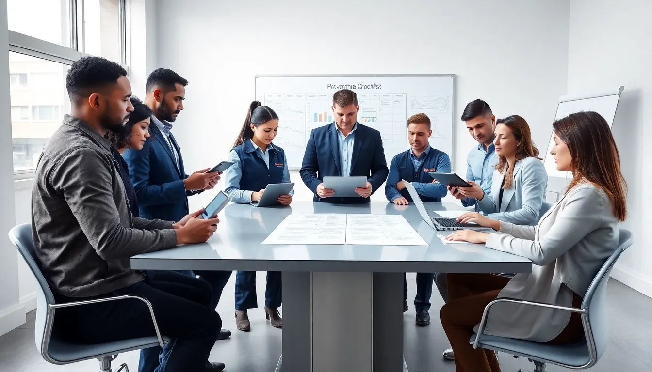 diverse team reviewing preventative maintenance checklists in a modern office.