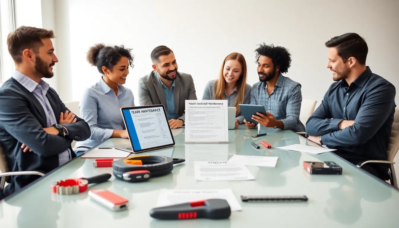 diverse team reviewing yearly maintenance plans in a modern office.