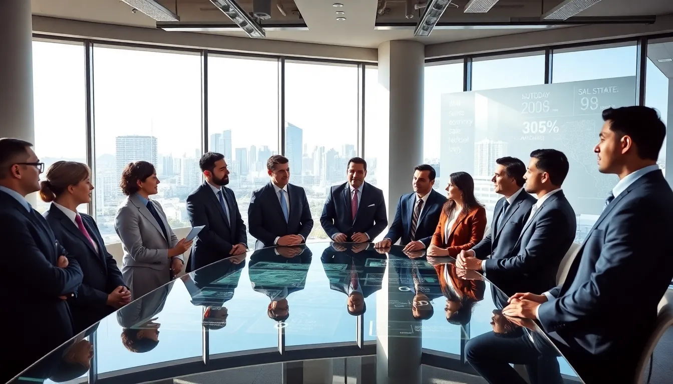 diverse real estate team discussing market trends in San Diego office.