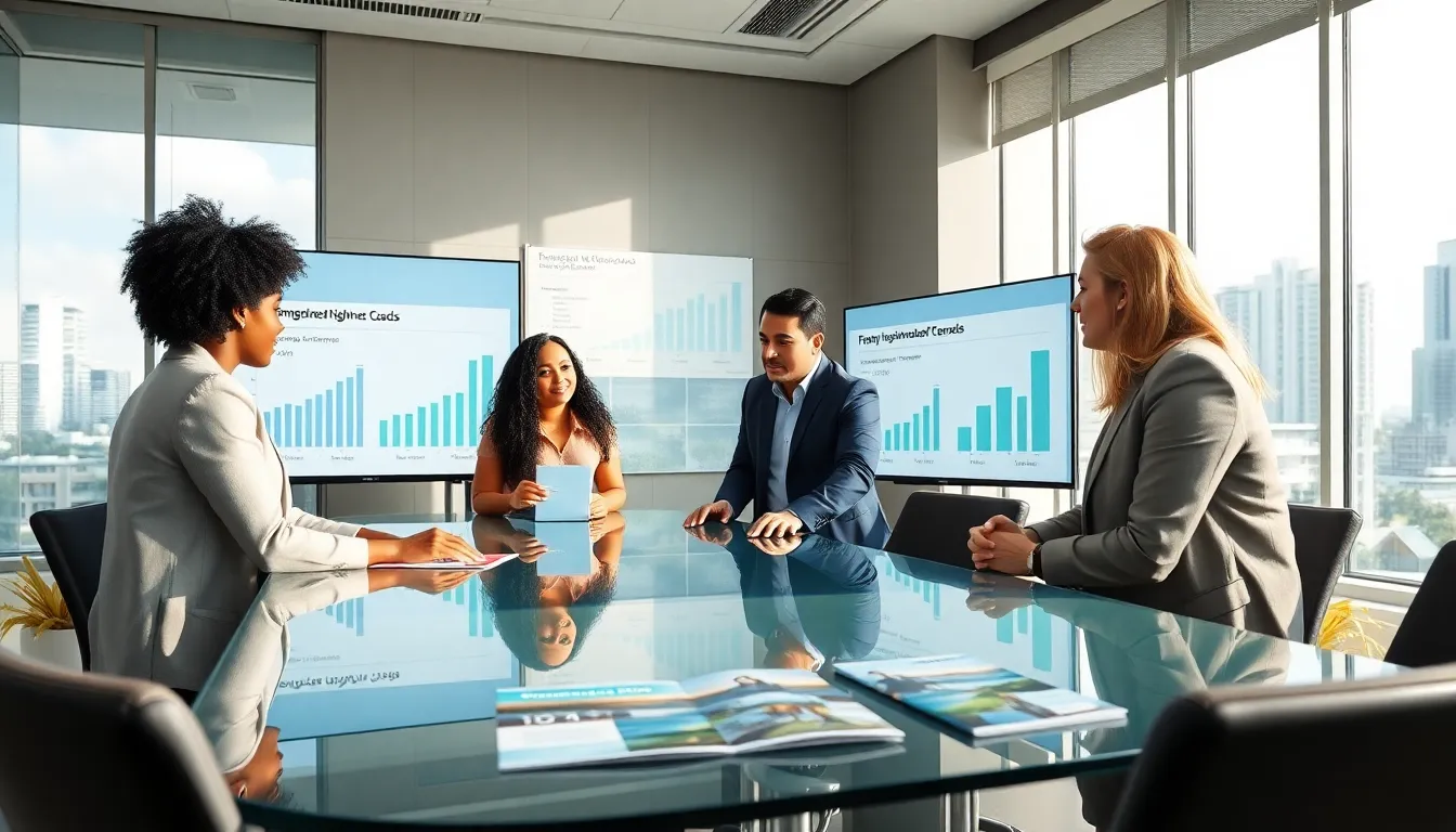 diverse real estate team discussing market trends in a modern office.