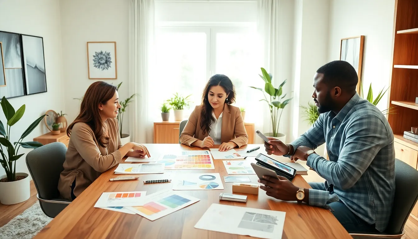 diverse team collaborating on renovation ideas in a modern office.