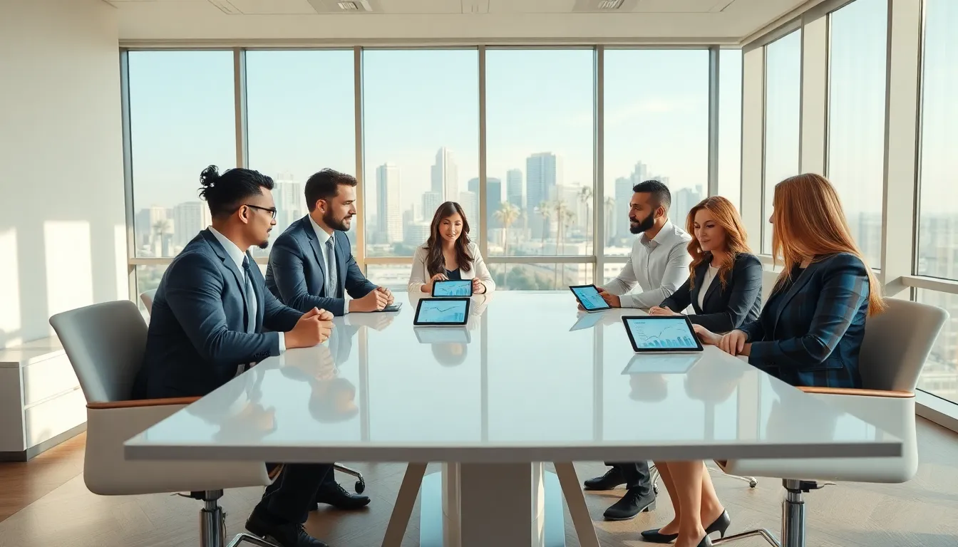 diverse team discussing Florida real estate trends in a modern office.