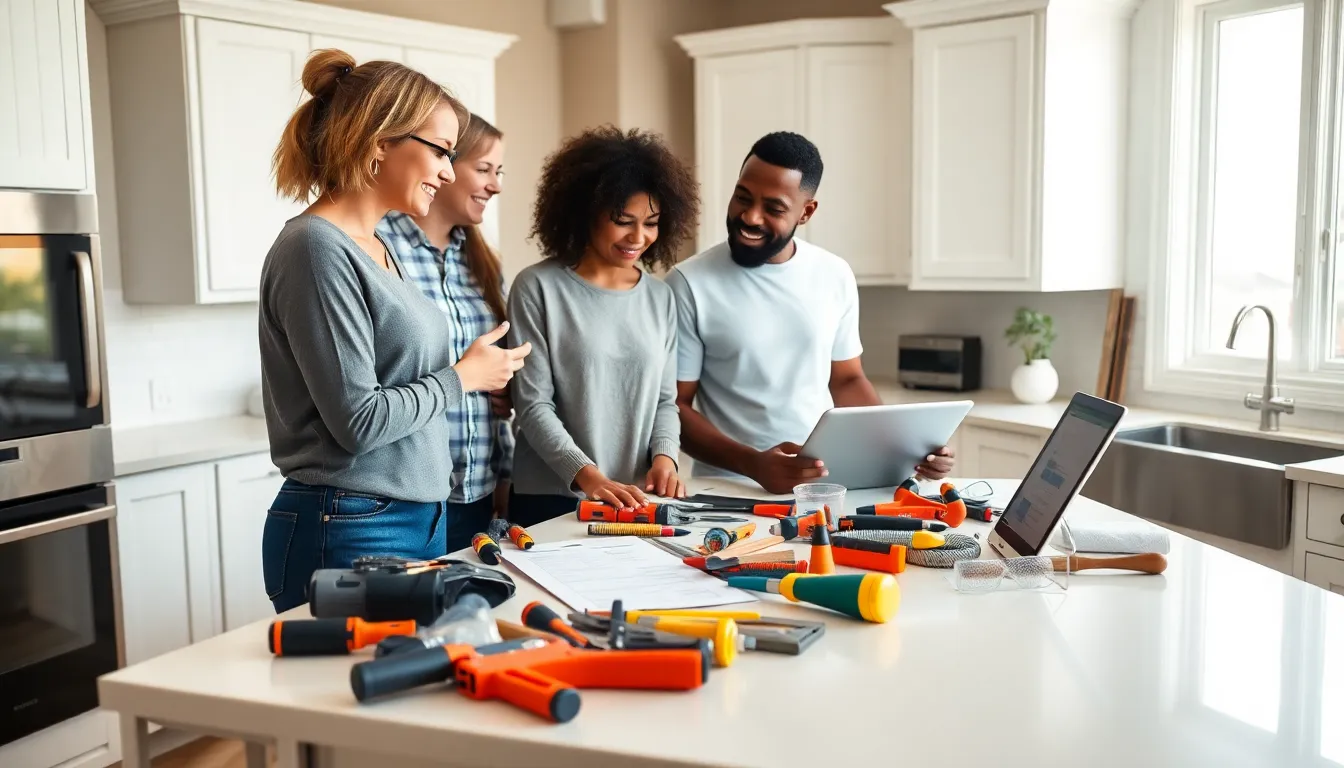 homeowners discussing maintenance checklists in a modern kitchen.