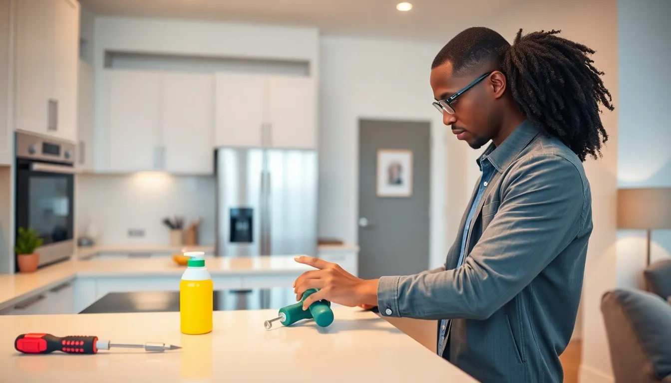 homeowner performing maintenance tasks in a modern kitchen.